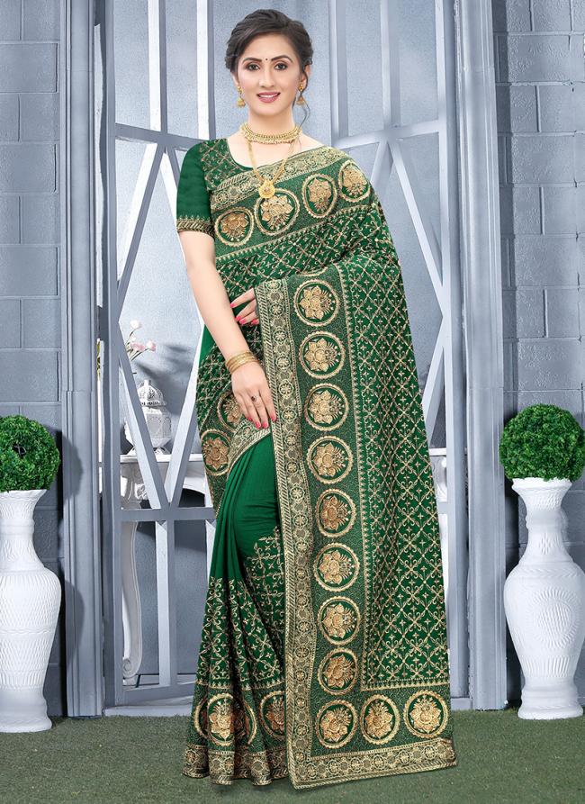 Vichitra Blooming Silk Green Festival Wear Zari Embroidery Work Saree